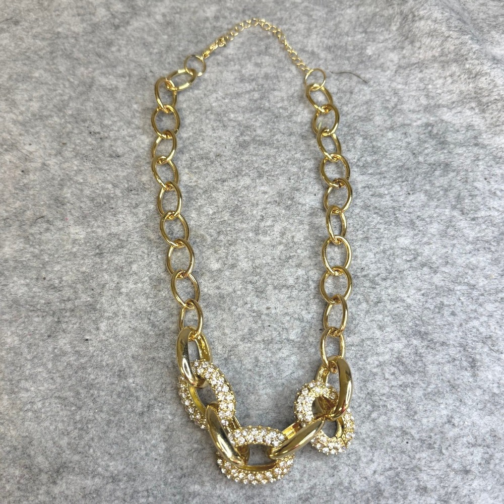 Gold Tone Chunky Link Statement Necklace Rhinestone PavΓ© Accents Adjustable